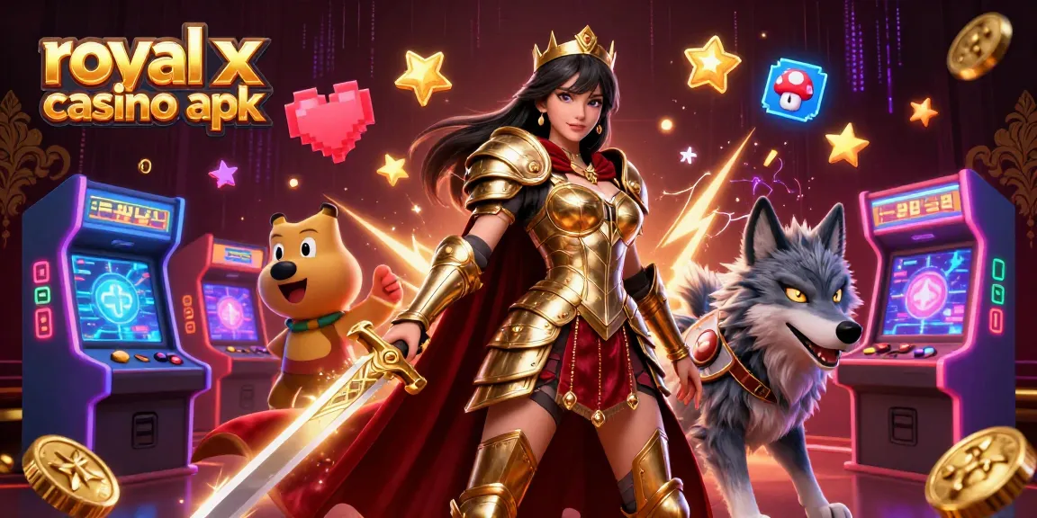 Play exciting games with royal x casino apk in a vibrant 3D casino illustration.