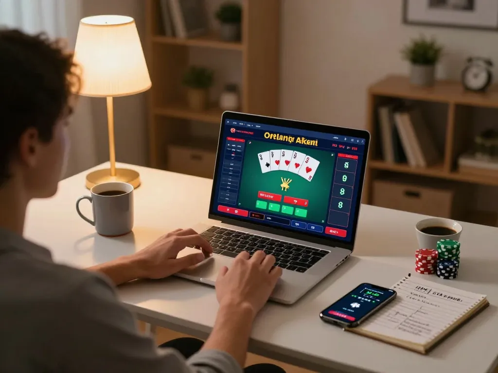 Enjoying a responsible rokok88 login session at home with a poker game on display.