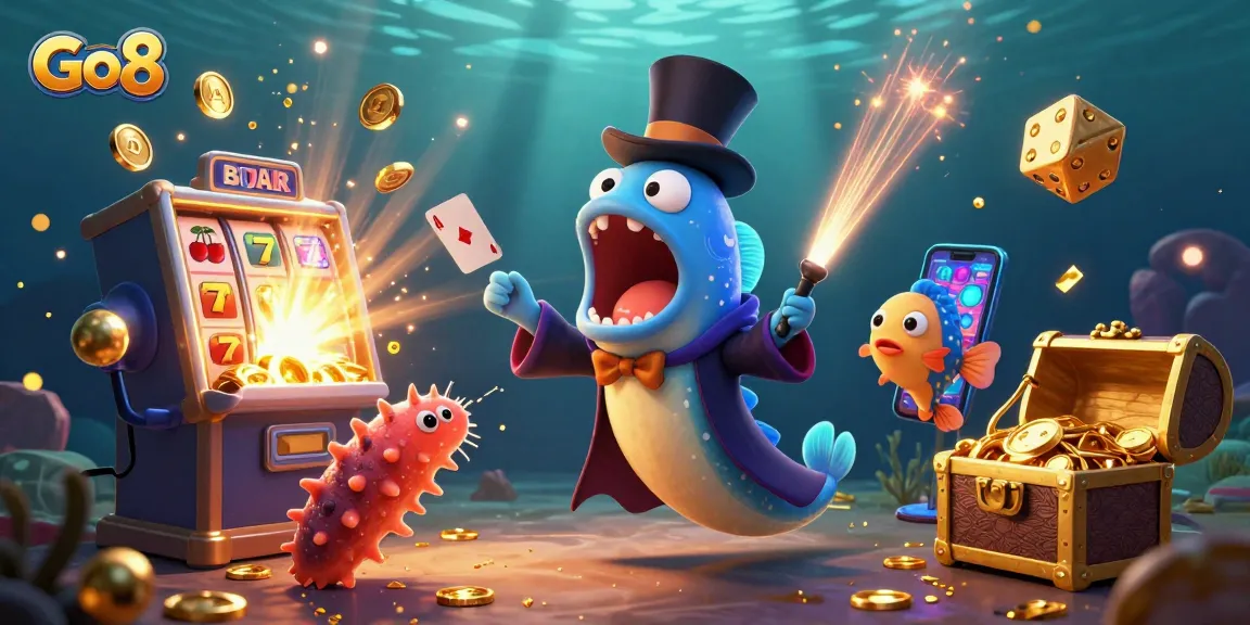 Engage with Go8's vibrant slot machine magic act underwater in this animated scene.