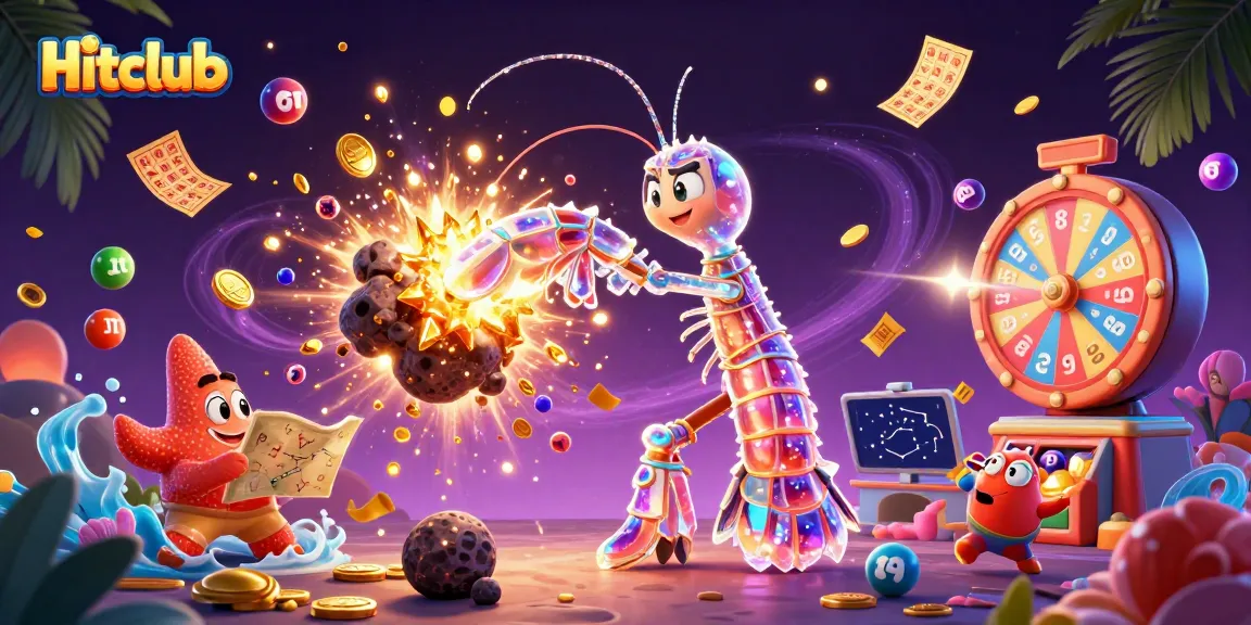 Hitclub showcases a dynamic lottery scene with vibrant balls and energetic characters