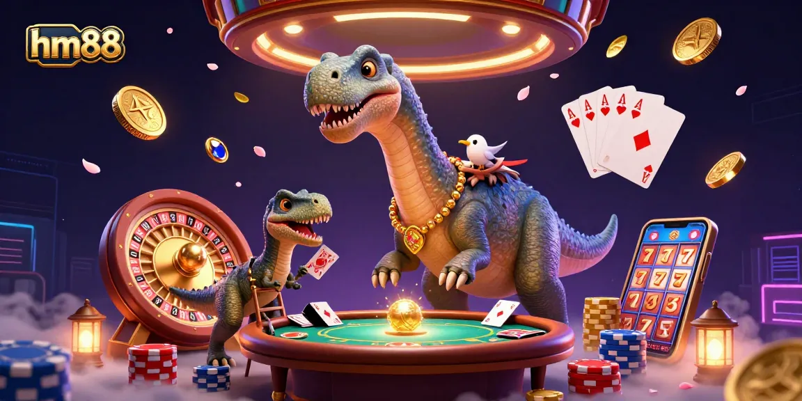 Engage with the vibrant hm88 gaming experience featuring a brontosaurus in a casino, sparkling gems, and dynamic action.