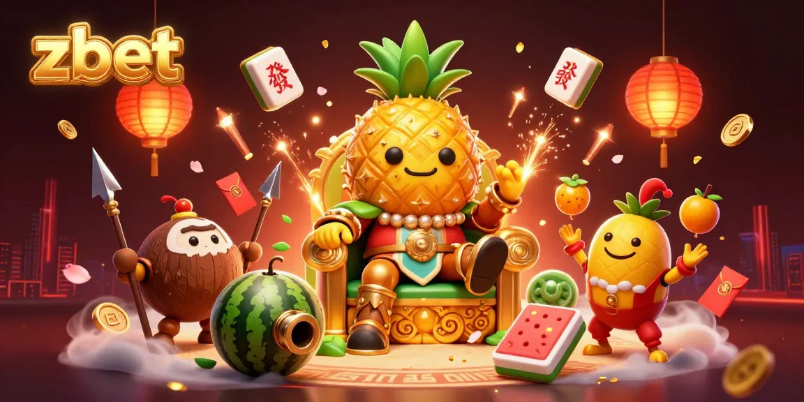 A vibrant casino scene illustrating zbet with a golden pineapple king, surrounded by festive elements and dynamic game symbols.