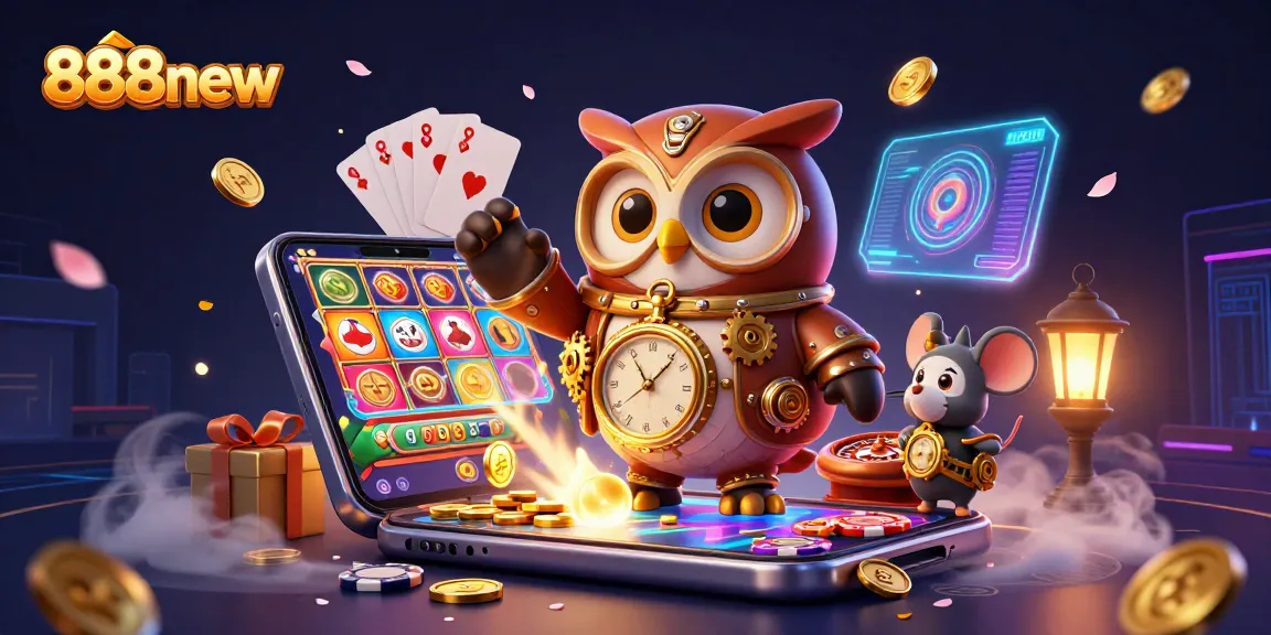 Engage with 888new's interactive 3D casino scene featuring steampunk characters and vibrant gaming elements.