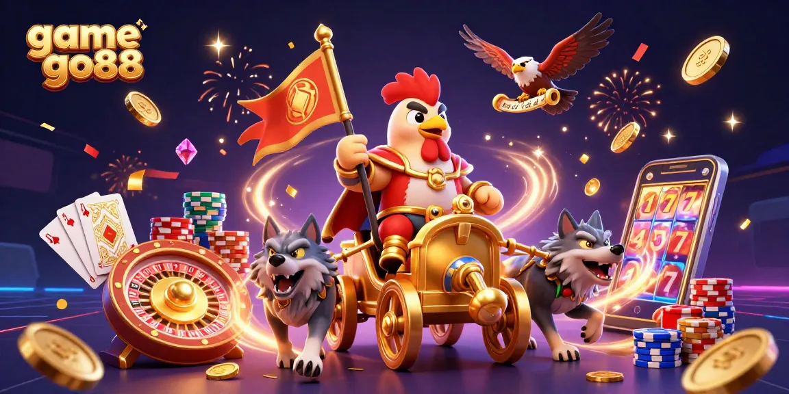 Engage with game go88's exciting casino world featuring a rooster warlord, golden coins, and vivid gaming elements.