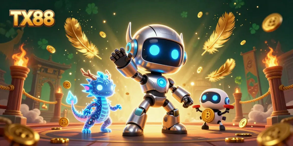 Engage with TX88 at this vibrant casino scene featuring a cyberpunk robot and crypto-themed elements.