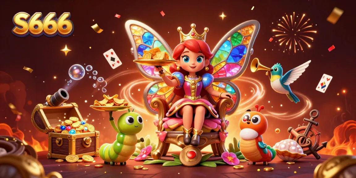 S666 players celebrating with colorful gems and golden chips in a vibrant, magical 3D casino scene.