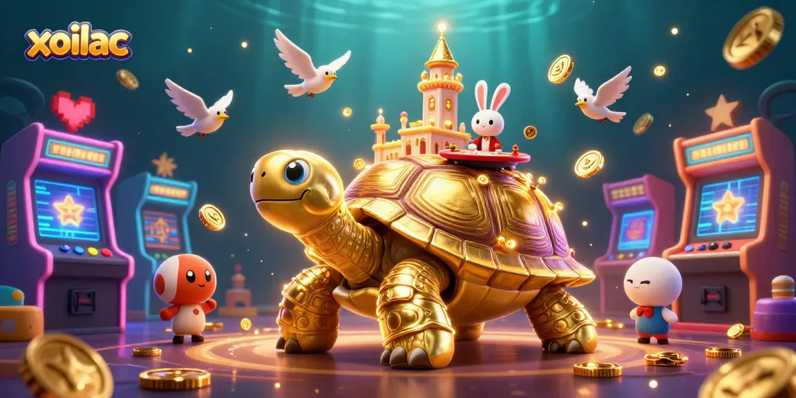 Experience thrilling gaming at xoilac with golden tortoise casino, rabbit dealer, and dazzling game machines.