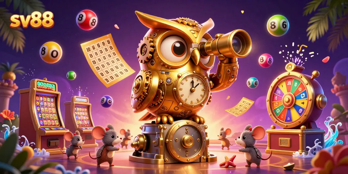 Experience the excitement at sv88 casino with colorful lottery balls, golden owl, and dynamic gaming elements.