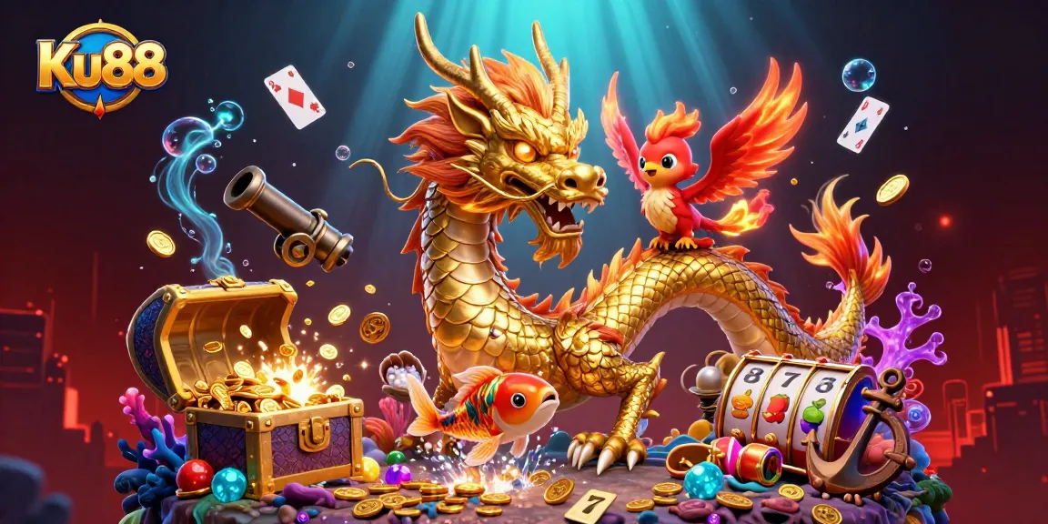 Spin winning reels with Ku88 in this vibrant 3D casino illustration featuring dragons and slots.