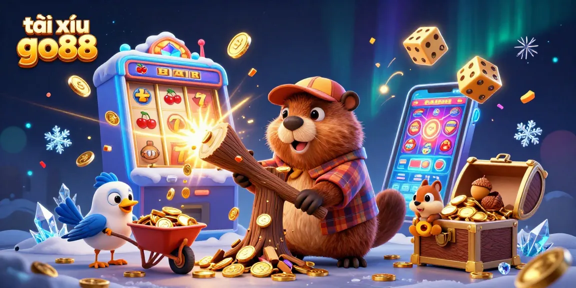 Tài xỉu go88 brings luck with a beaver collecting coins and thrilling casino symbols.