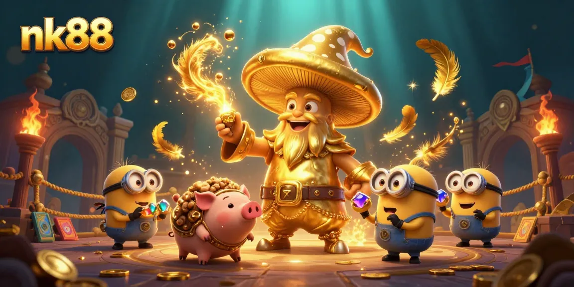Experience the thrill of nk88 with enchanting characters, gold magic, and vibrant casino elements.