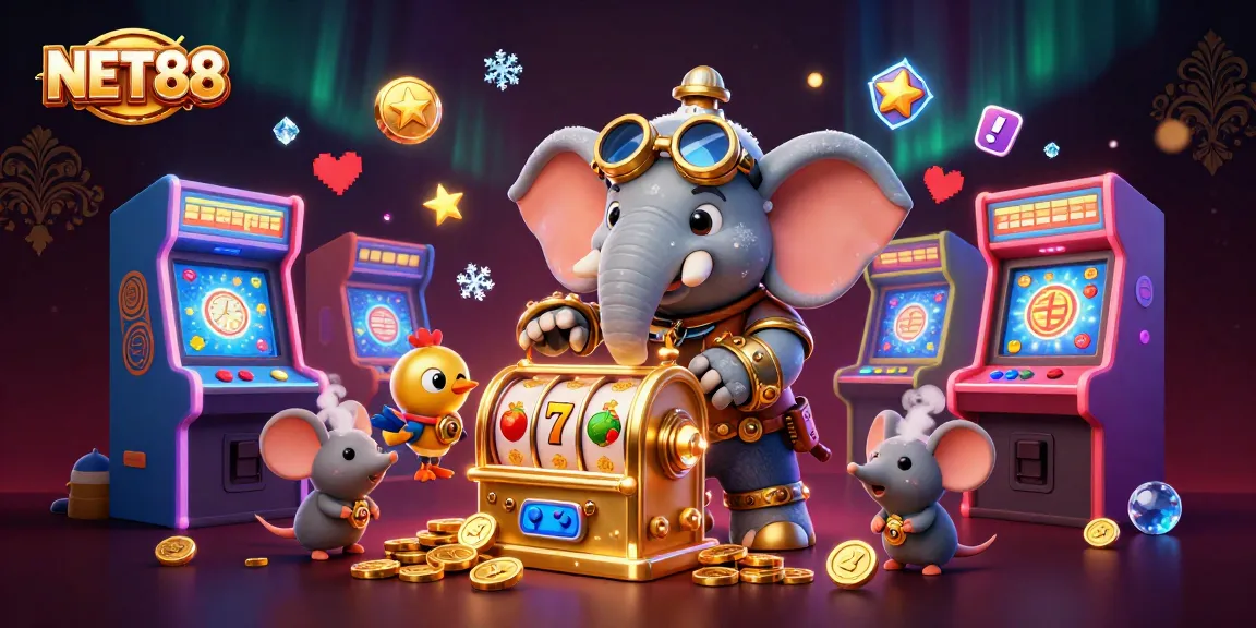 Engage with NET88’s exciting slot machine action featuring a steampunk elephant engineer and vibrant game visuals.