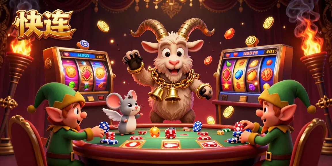 Experience the thrill of 快连 casino with playful characters, vibrant slot reels, and golden treasure.