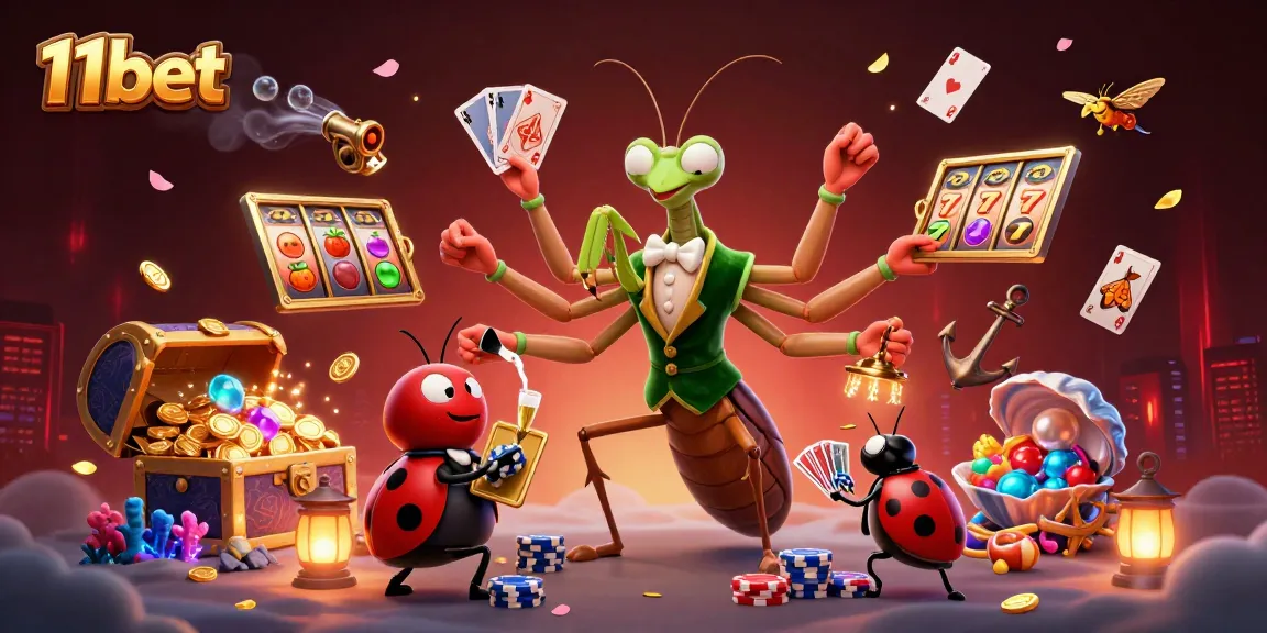 Experience the excitement of 11bet with a vibrant casino scene depicting a giant mantis and ladybug characters.