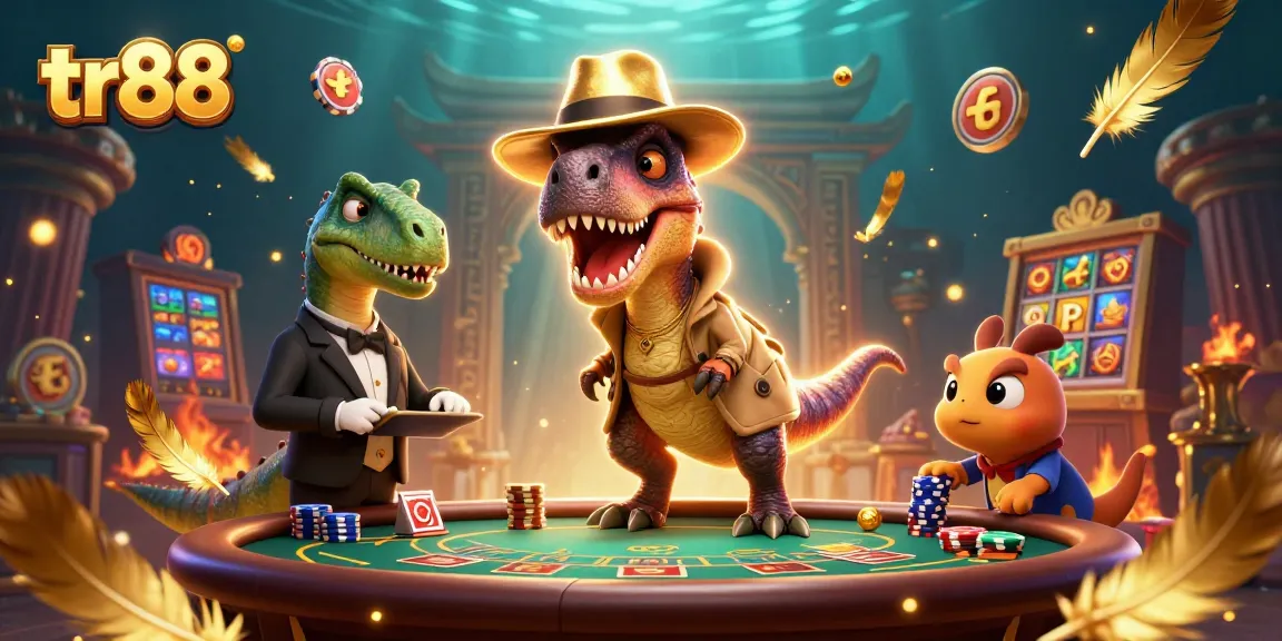 tr88 showcases a whimsical casino scene with a velociraptor card counter, creating excitement at the blackjack table.