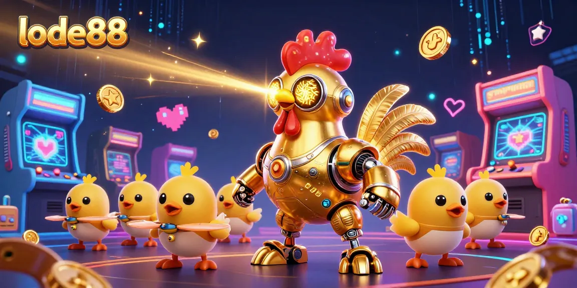 Play lode88 with a golden rooster robot shooting lasers in an exciting casino arcade scene.