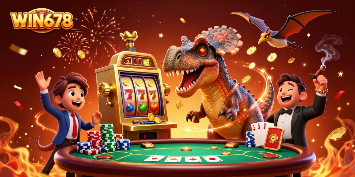 WIN678 showcases a lively 3D casino scene with vibrant characters and dynamic jackpots.