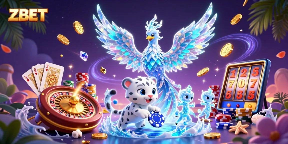 ZBET captures the thrill of winning with an ice phoenix and poker chips in a vibrant casino scene.