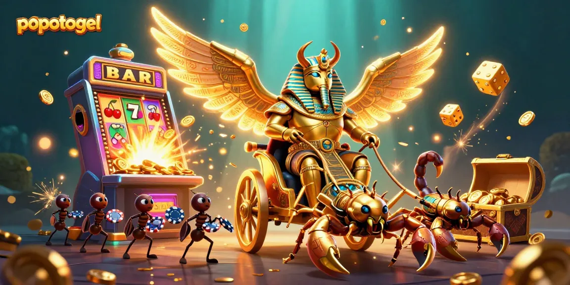 Experience the exciting world of popotogel with a lavish 3D scene featuring a golden scarab beetle, jackpot slot machine, and vibrant casino elements.