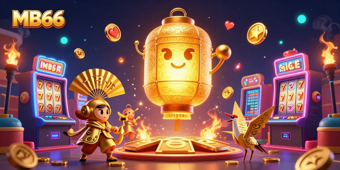 Experience thrilling slots and gaming action with MB66 in this vibrant 3D casino illustration.