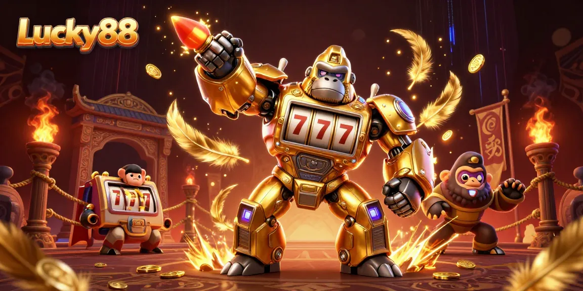 Lucky88 unleashes excitement with a gold mech surrounded by coins and vibrant casino elements.