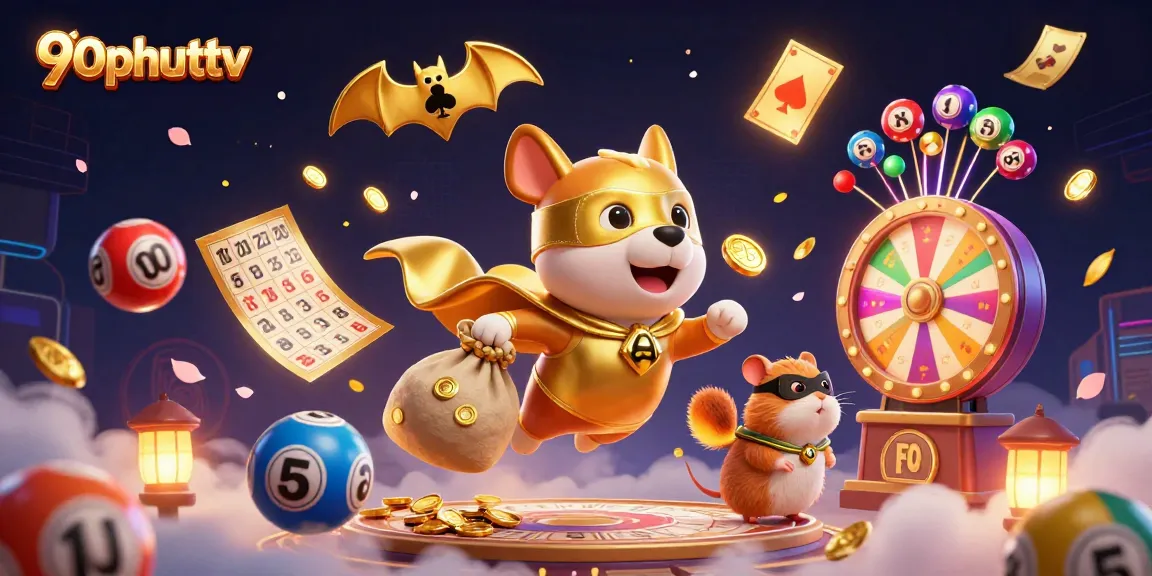 Join the excitement of 90phuttv as our superhero dog soars with gold coins, surrounded by dynamic gambling elements.