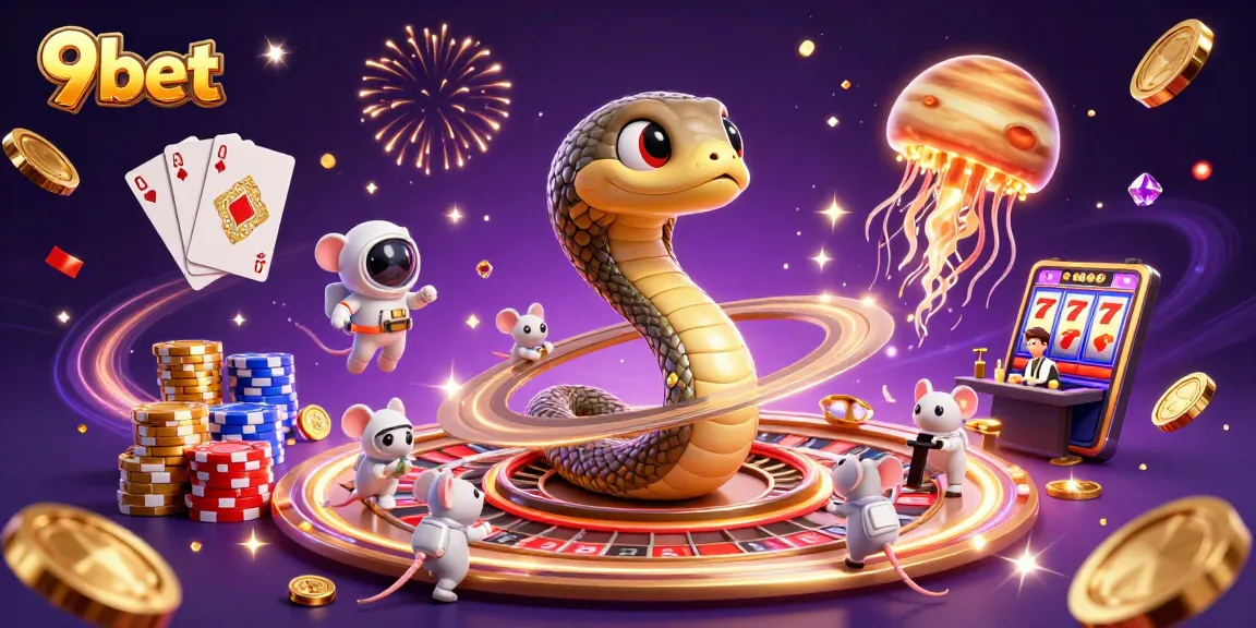 9bet features a cosmic casino scene with a Saturn snake and astronaut mice betting.