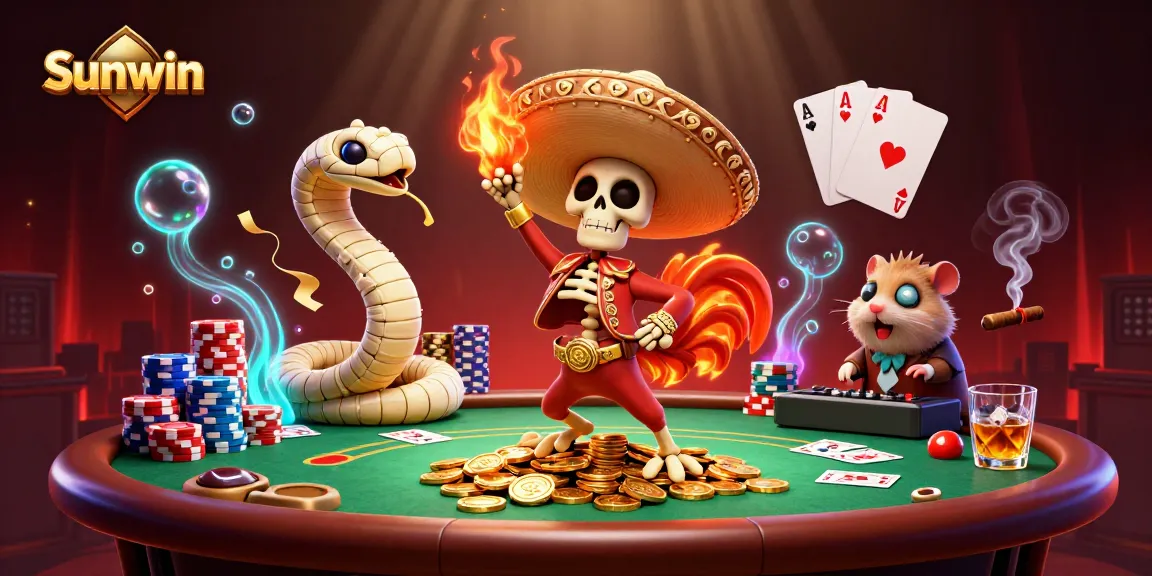 Experience the thrill of Sunwin with a festive scene of a dancing mariach skeleton, mummy snake, and DJ hamster celebrating wins.