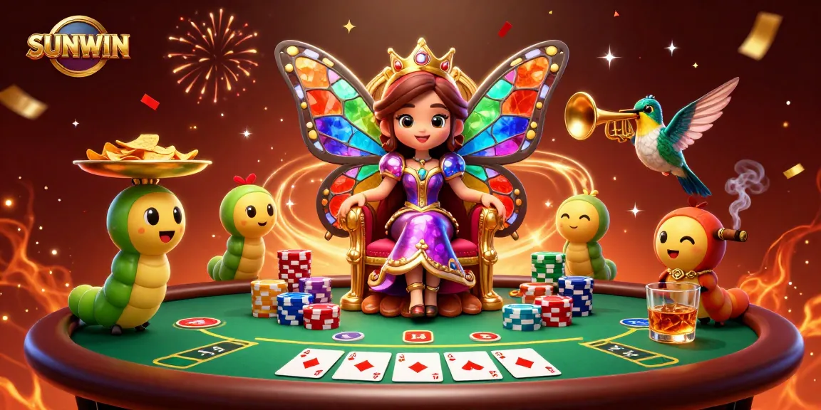 SUNWIN casino illustration featuring a butterfly queen, poker elements, and vibrant colors