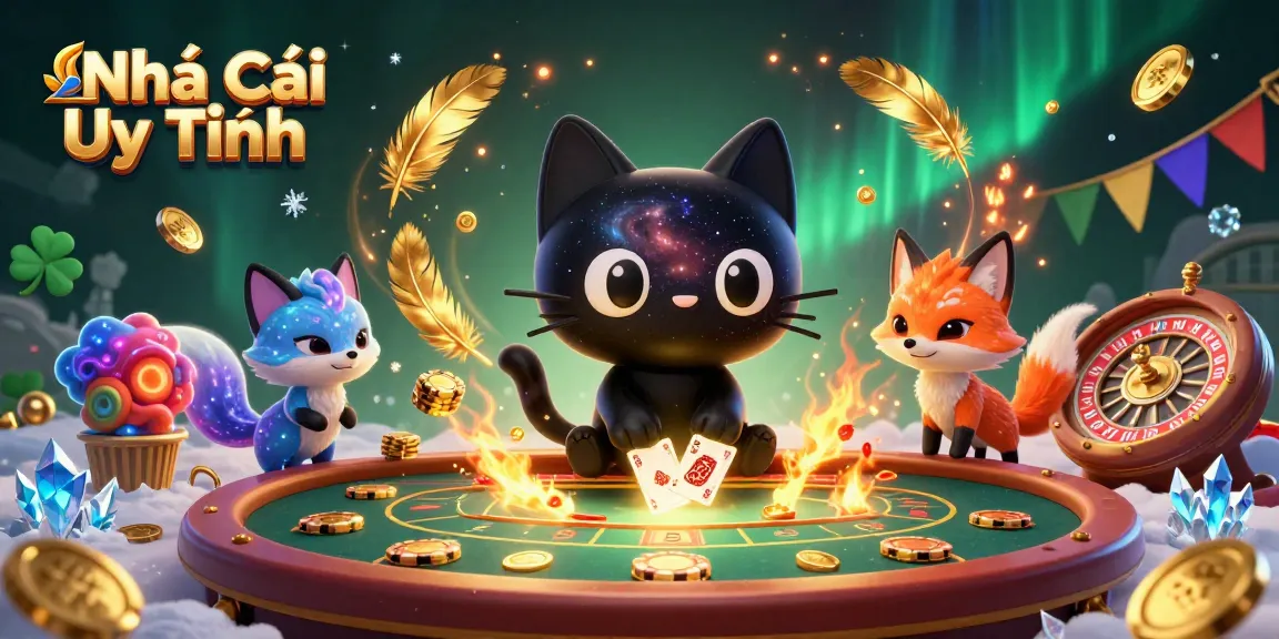 Experience the thrill of Nhà Cái Uy Tín with a cosmic casino scene featuring a black hole cat and a nebula fox.
