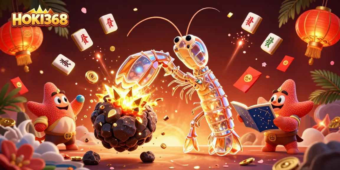 Celebrate wins with HOKI368 as the mantis shrimp fights through gems and treasures in a vibrant online gaming scene.