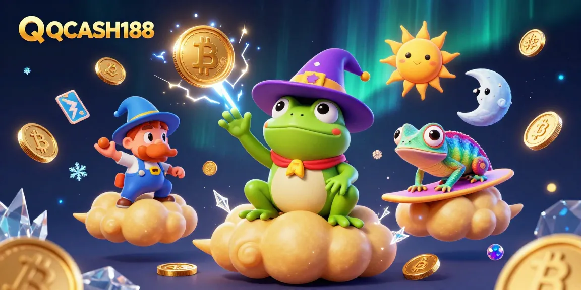 Experience winning with QQCASH188 as the wizard frog conjures golden coin storms in a magical casino.