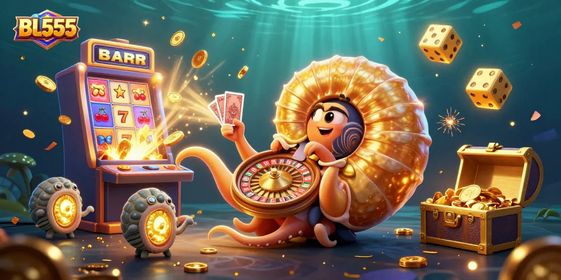 Play thrilling games at BL555 with golden nautilus, jackpot slots, and vibrant casino elements.