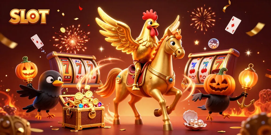 SLOT machine spins with winning reels featuring a golden rooster and festive fireworks.