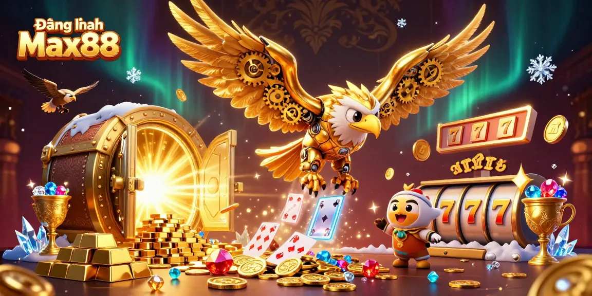 Experience the thrill of Đăng nhập Max88 as the golden eagle dives through holographic cards in a vibrant casino.