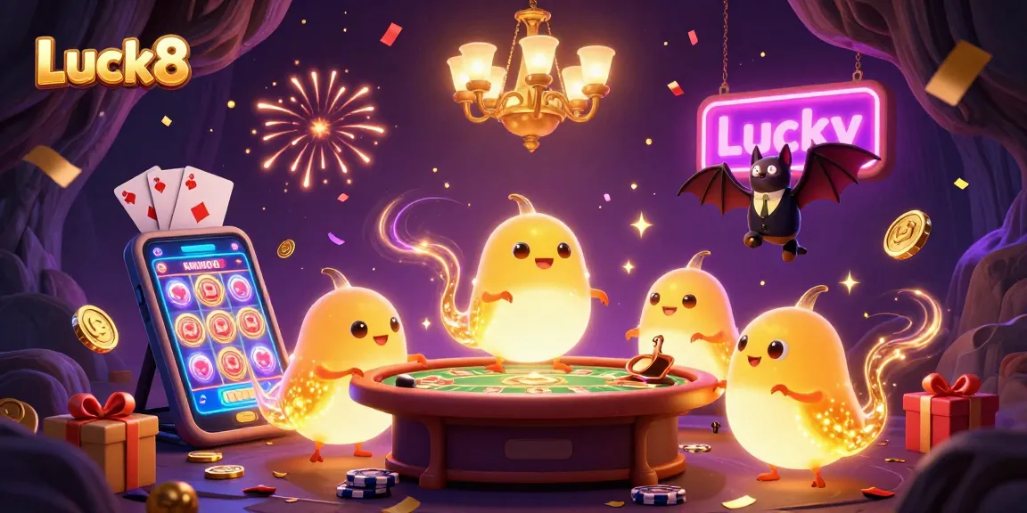 Experience the magic of Luck8 at a vibrant cave casino with a glowworm team and playful gaming elements.