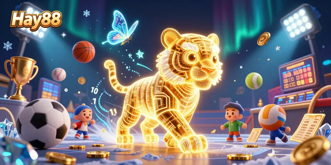 Experience exhilarating gaming at Hay88 with a vibrant digital casino featuring a golden tiger and sports elements.