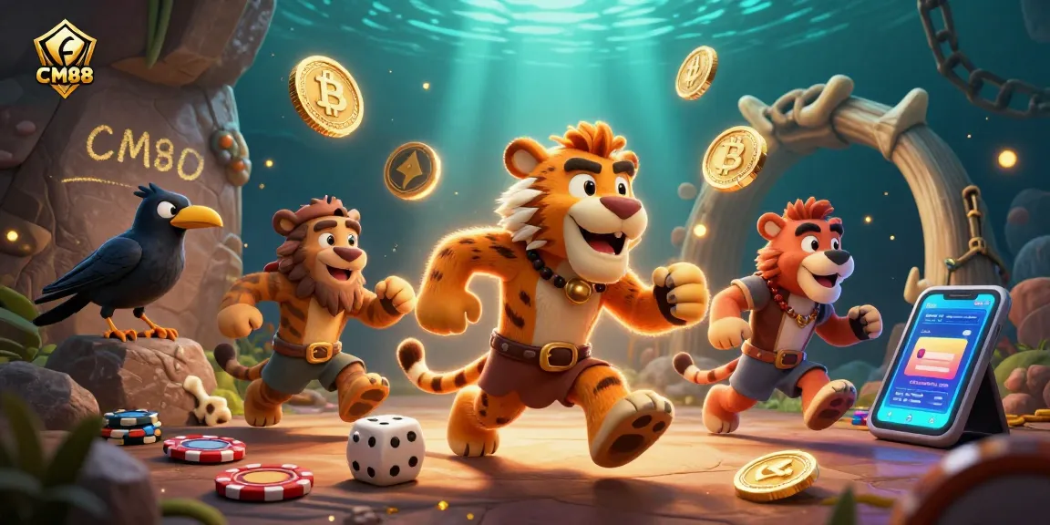 Experience the exciting world of CM88 with dynamic 3D illustrations featuring casino action and cryptocurrency elements.