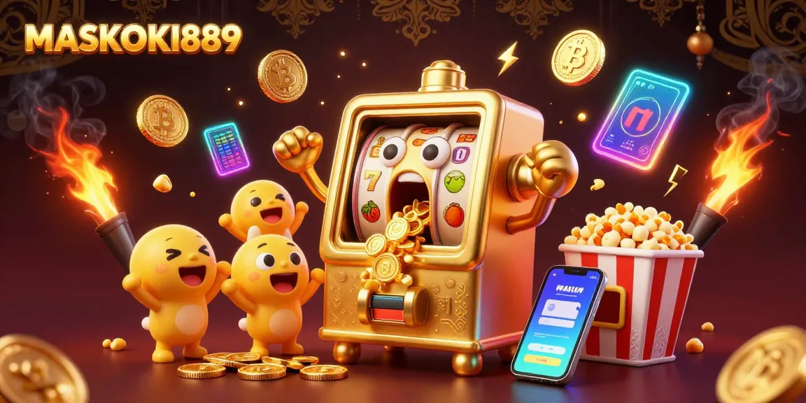 Experience the thrill of jackpots with MASKOKI889's vibrant gaming scene featuring animated slot machines.