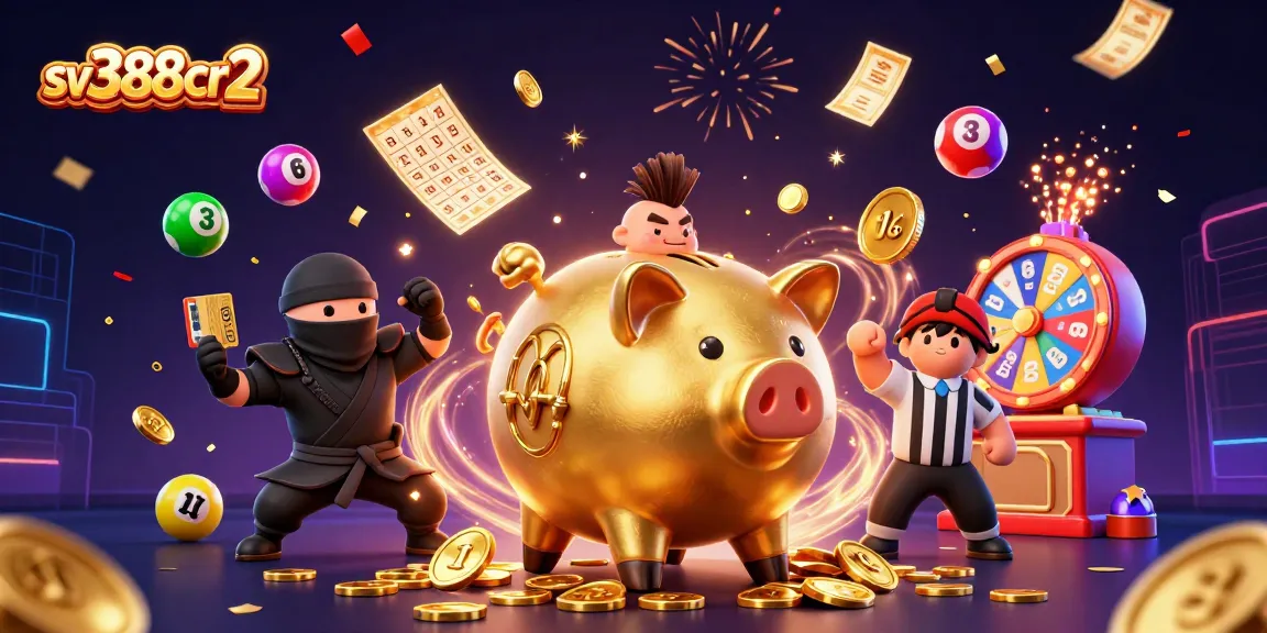 Experience the excitement of sv388cr2, featuring a dynamic piggy bank sumo wrestler surrounded by vibrant gambling elements.
