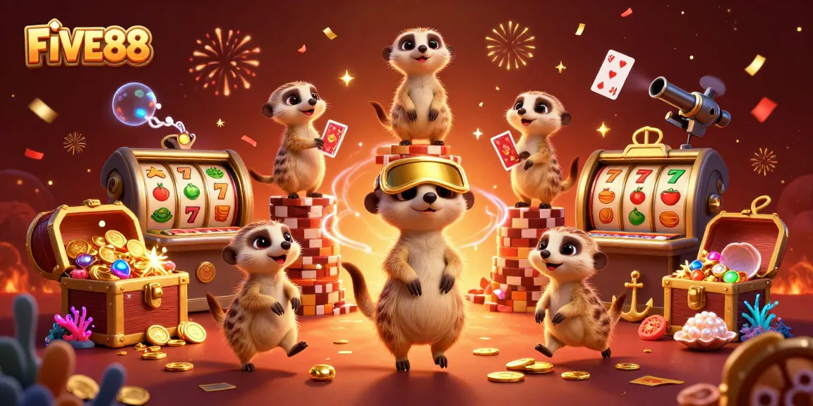 Experience thrilling gameplay at FIVE88's vibrant casino with animated meerkats in action.