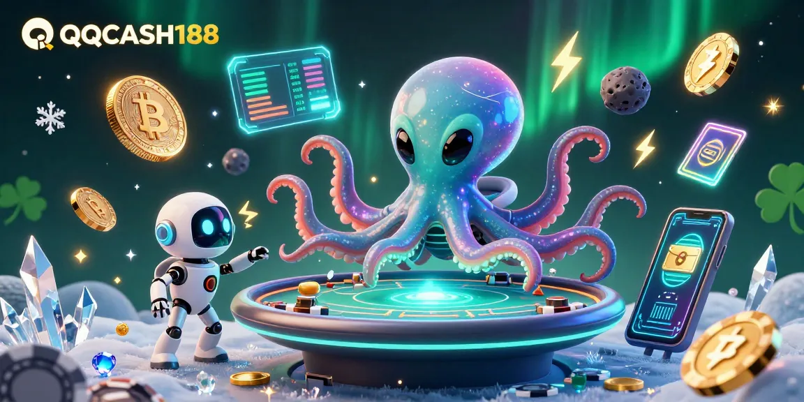 Experience the excitement of QQCASH188 with a vibrant 3D gaming scene featuring alien characters and crypto elements.