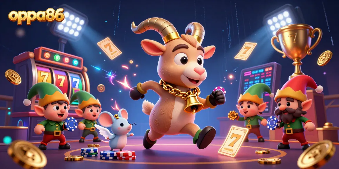 oppa86 brings thrills with an action-packed casino scene featuring slot reels, gremlins, and festive characters.