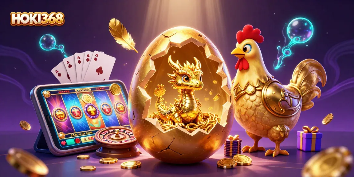 Experience the excitement of HOKI368 with a stunning illustration of a golden dragon and casino elements.