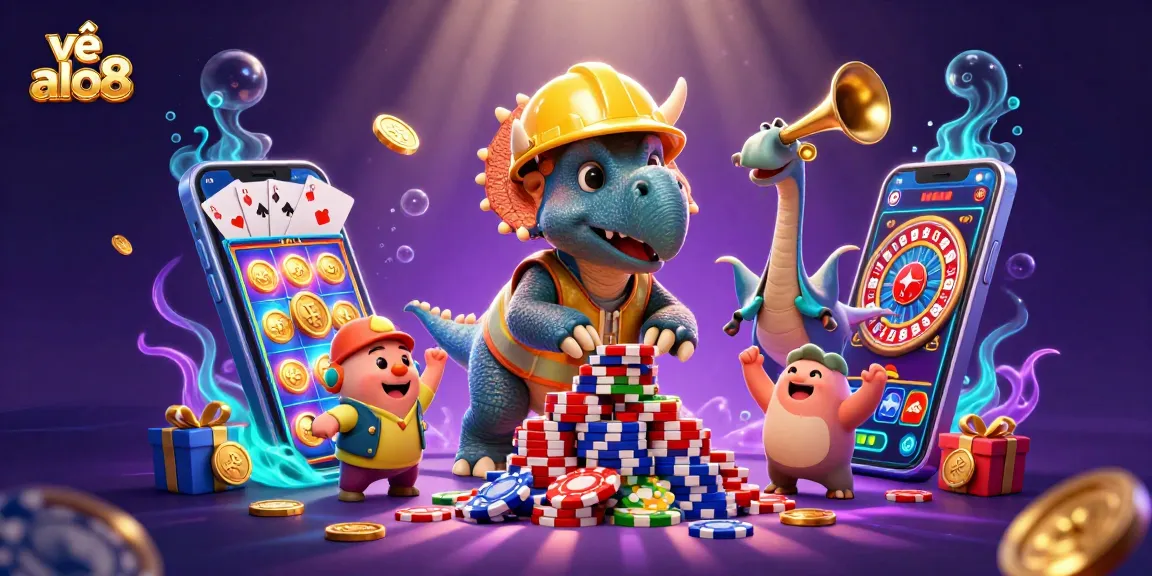 Engage with classic gaming experiences at về alo8, featuring a vibrant 3D casino scene showcasing animated characters.