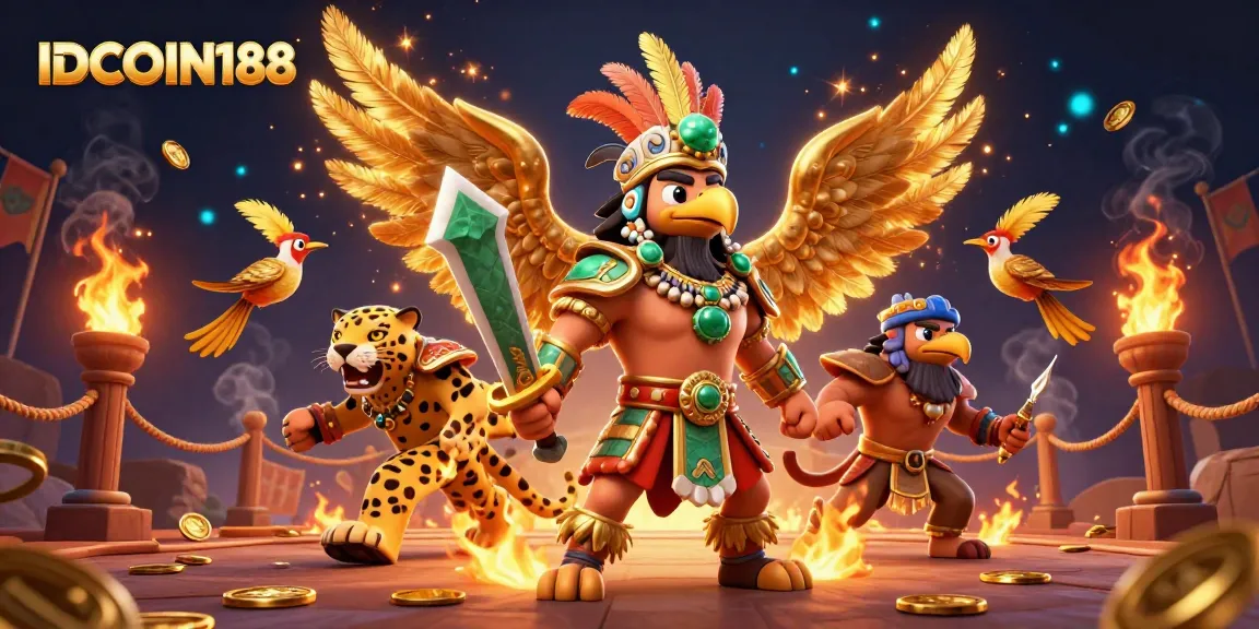 Experience the excitement at IDCOIN188 with an Aztec warrior amidst golden betting tokens and swirling ember particles.