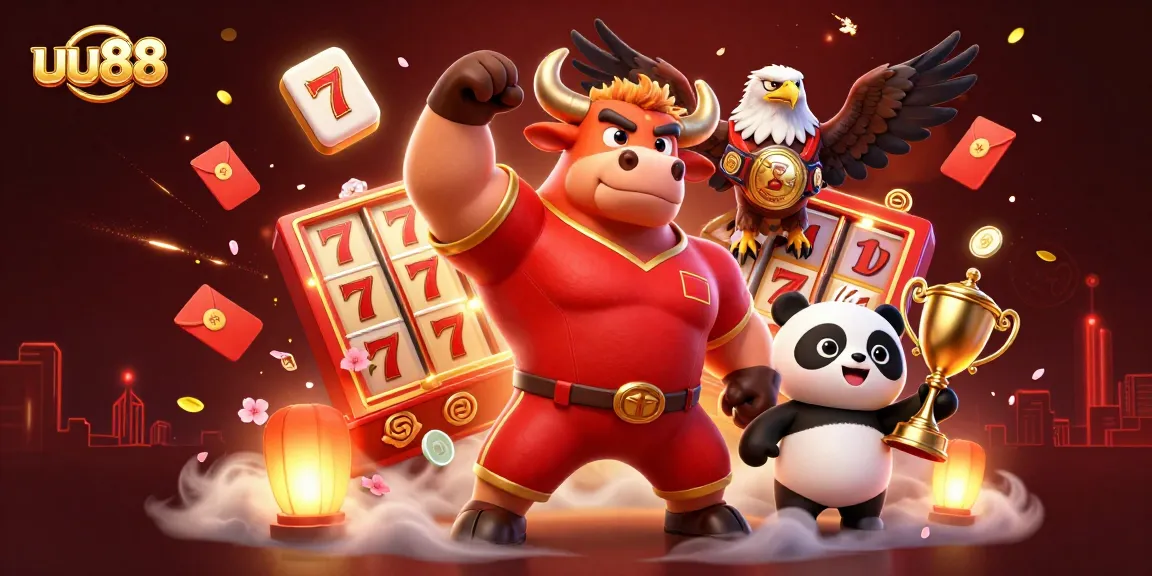 Engage in exciting casino gameplay with uu88 as characters celebrate alongside slot reels and fireworks.