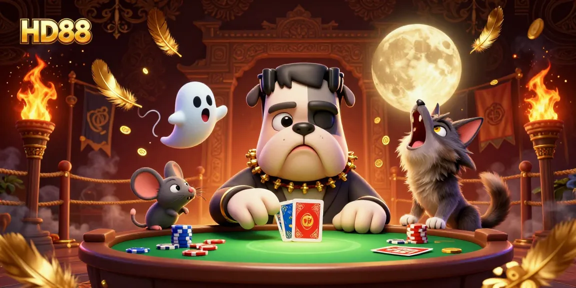 HD88 unveils a thrilling 3D cartoon scene of a Frankenstein bulldog monster dealing cards at a casino.