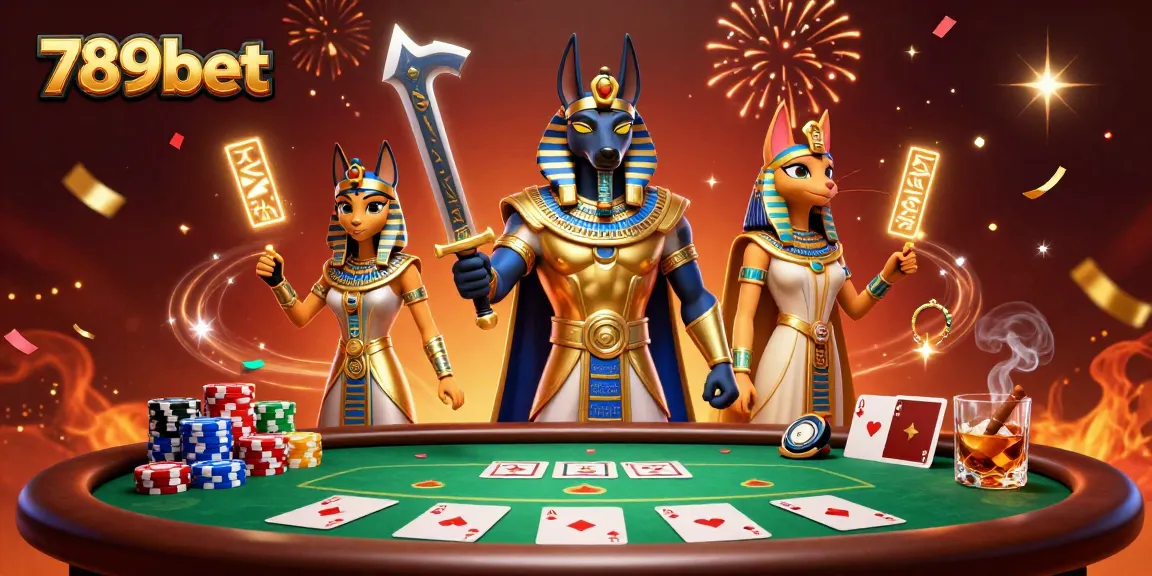 Engage in thrilling poker action with 789bet's vibrant scene featuring Anubis and Bastet.