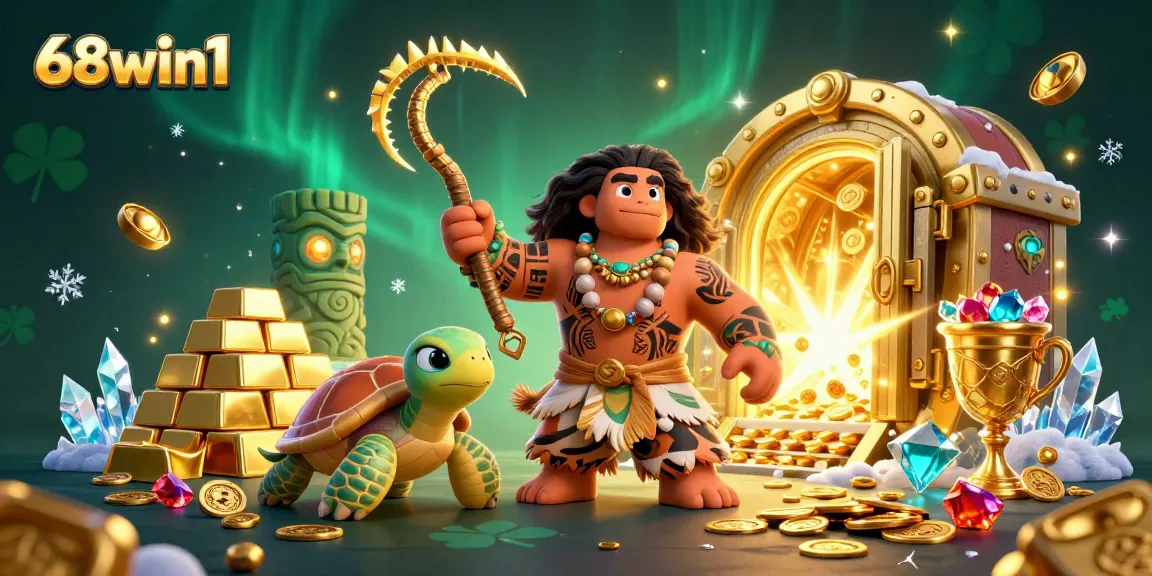 Engage with 68win1 in a vibrant 3D casino scene featuring treasures and playful characters.